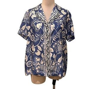J.McLaughlin Women's Floral Button Down Bimini Top Navy Blue Cream Medium NWT